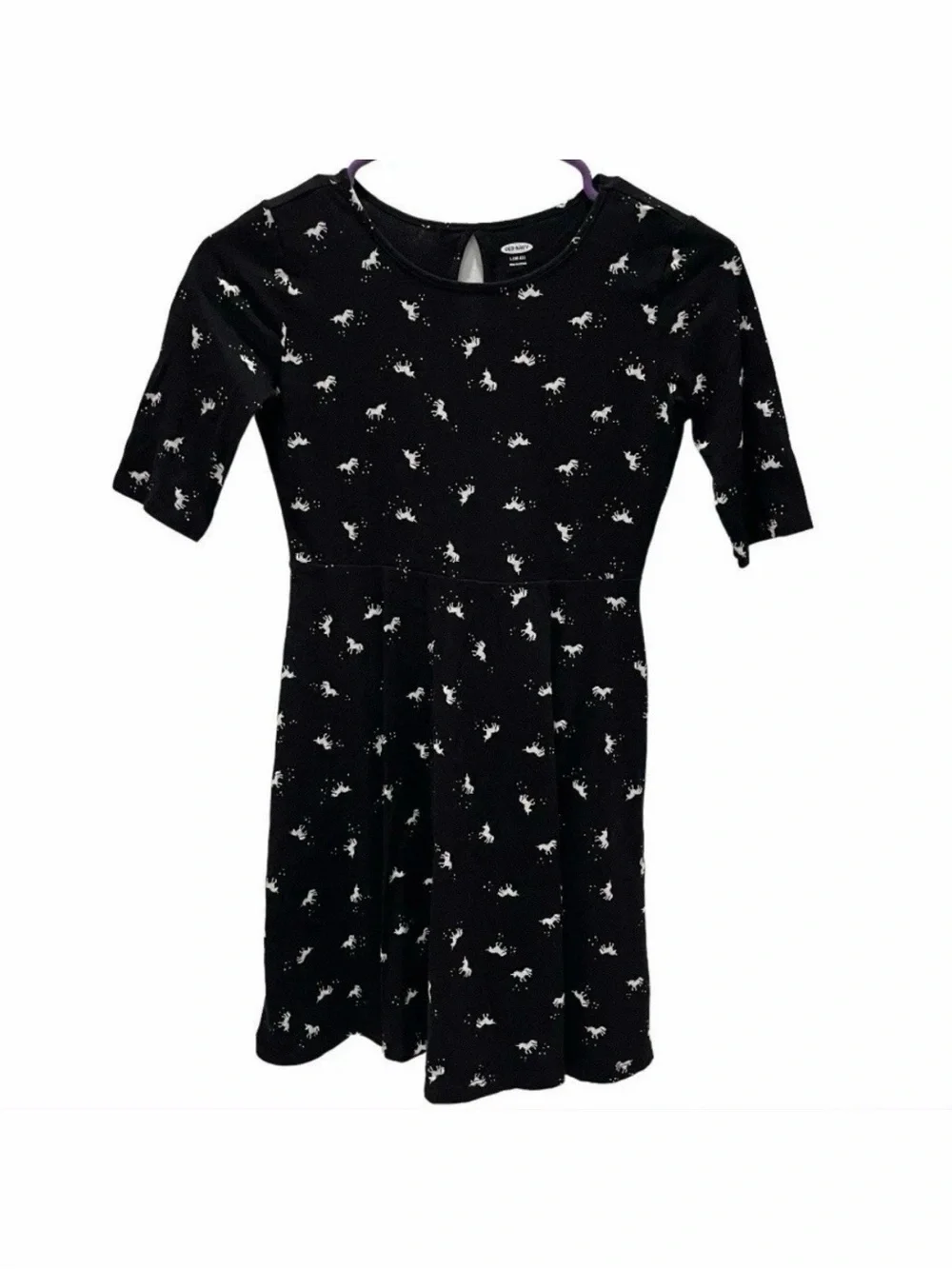 Old Navy Girls L 10-12 Unicorn Jersey Dress Fit And Flare Pullover Cotton Black